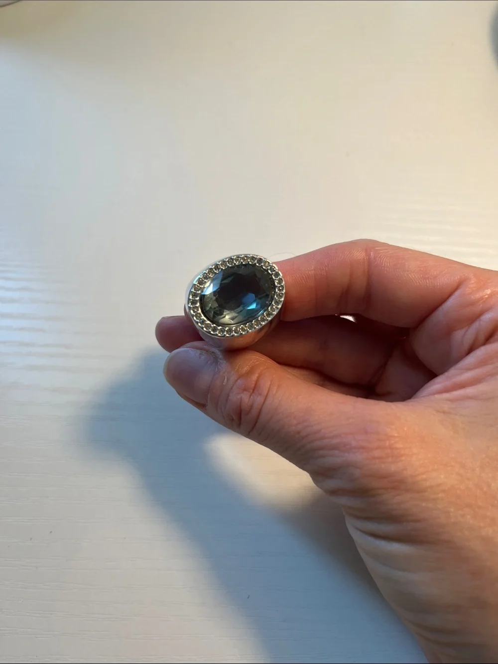 Swarovski Silver Ring with Blue Oval Crystal and Clear Halo